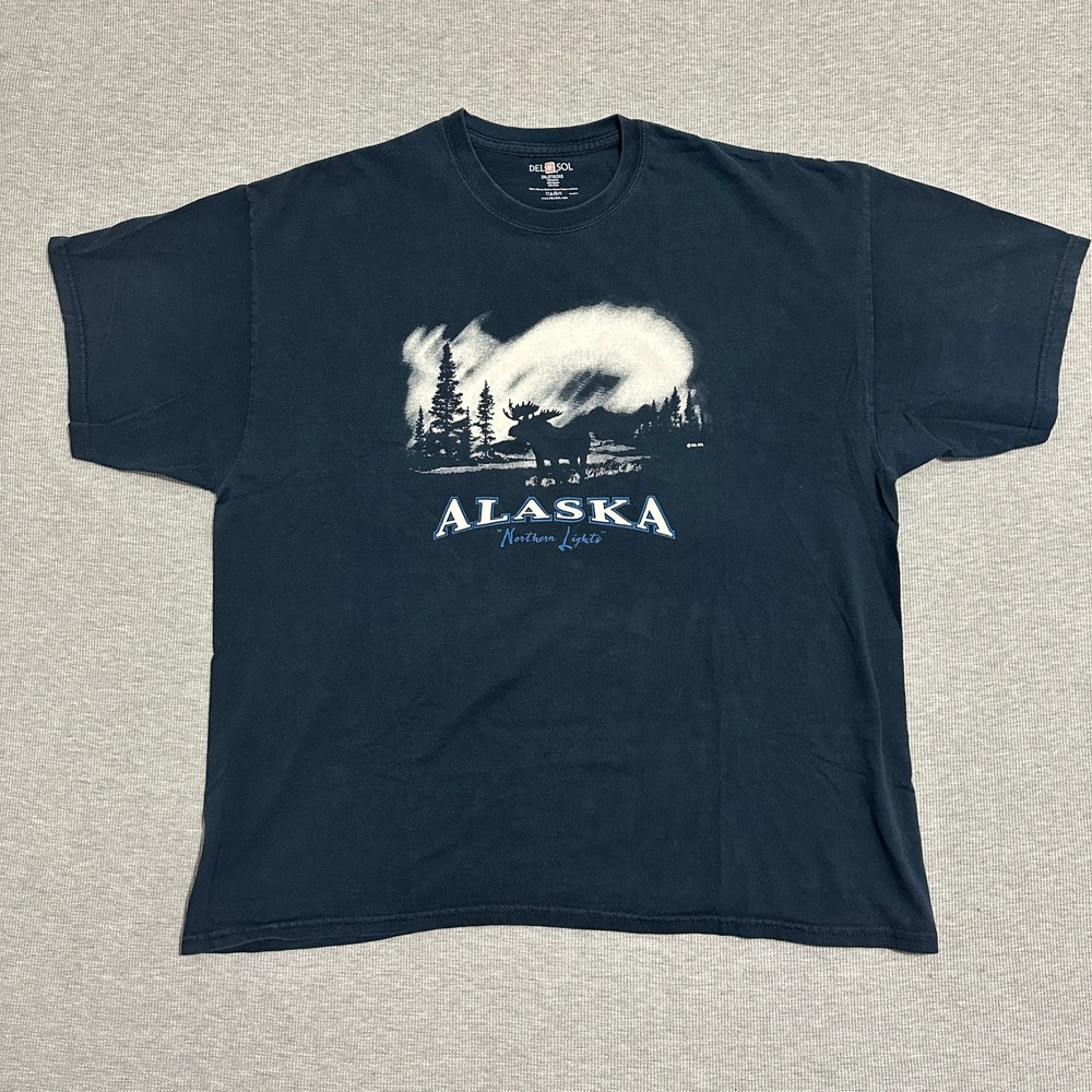 Del Sol Alaska Northern Lights Moose‎ Graphic T-Shirt Navy Blue Cotton Mens 2XL